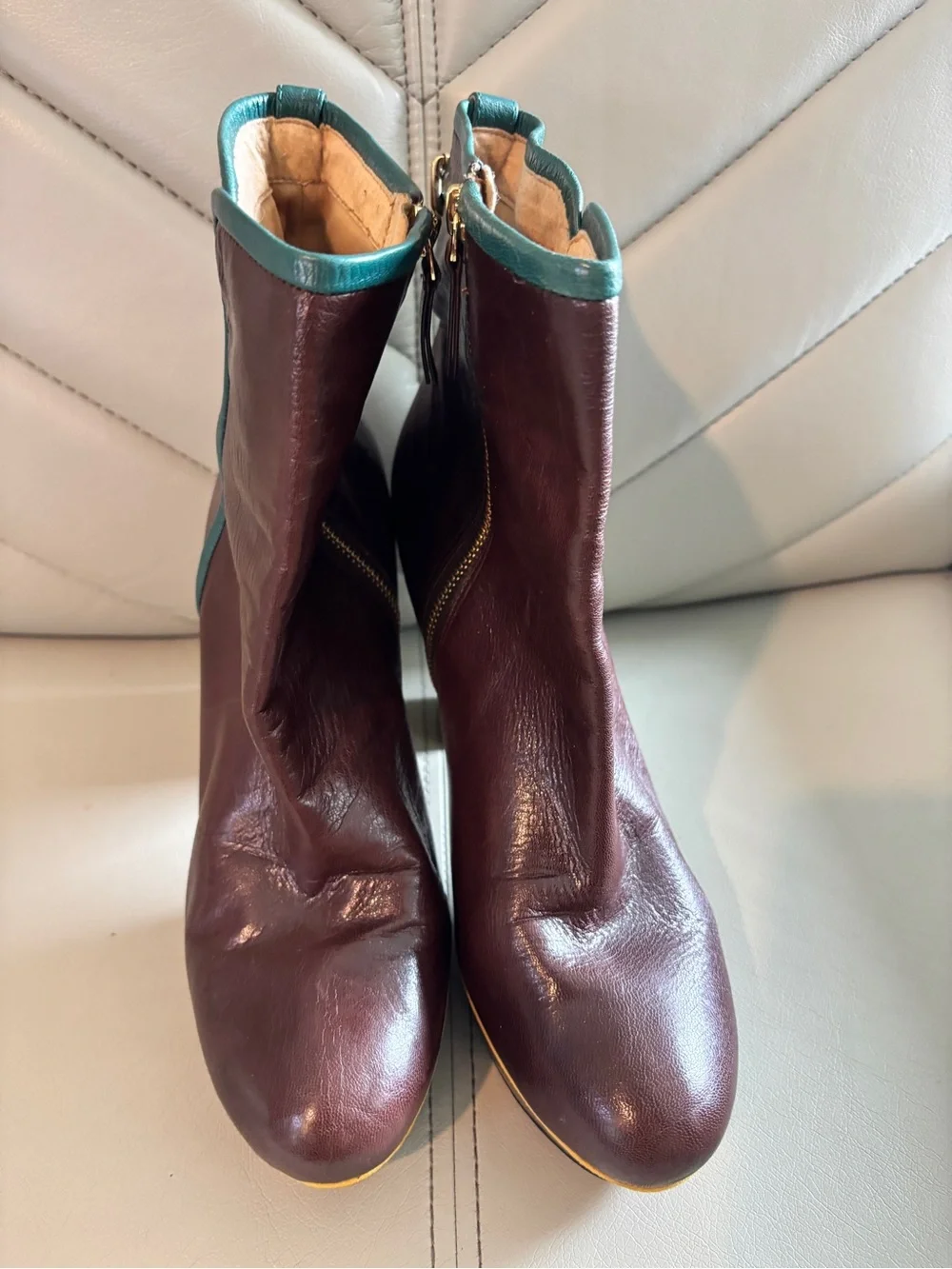 Nine West Size 11 “Nwanka” Women’s Burgundy Leather Ankle Boots,Teal Trim Buckle